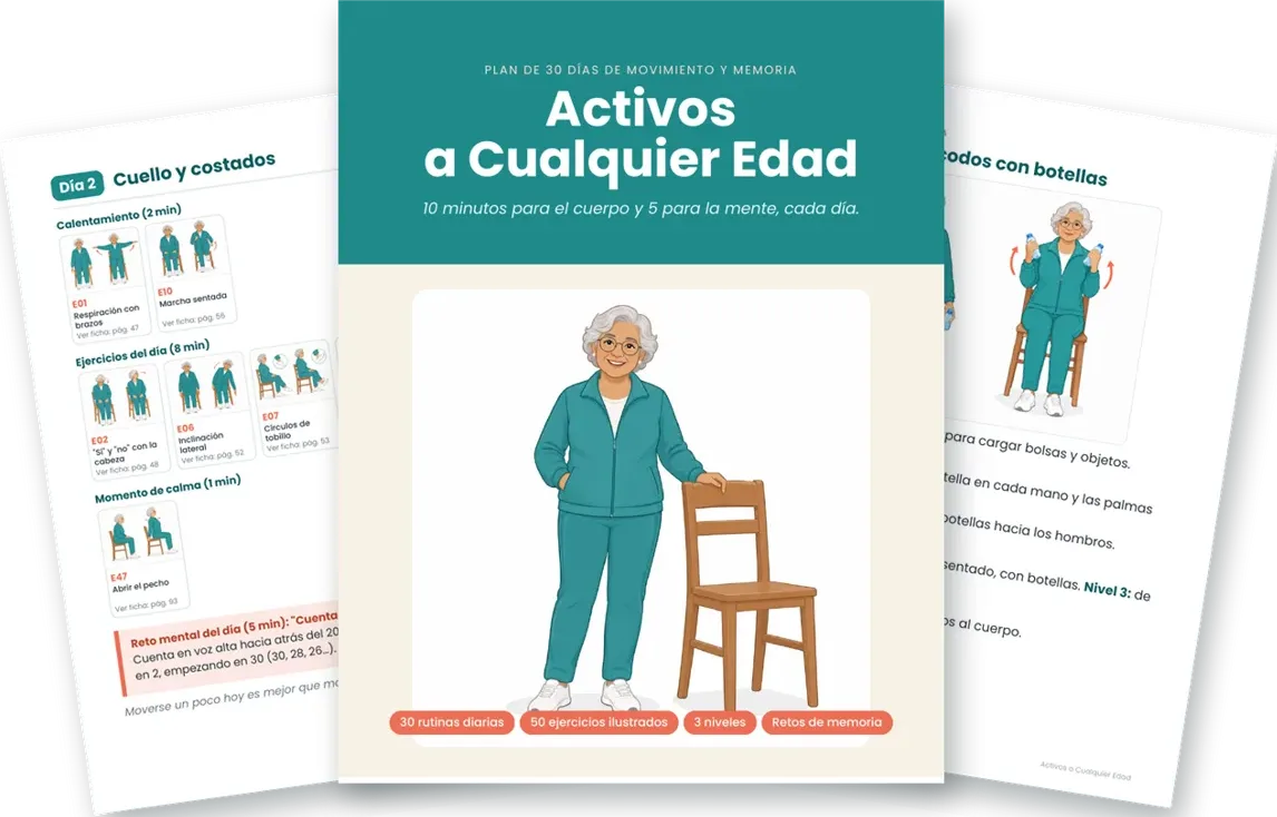 Portada del plan Activos a Cualquier Edad con páginas interiores de una rutina diaria y una ficha de ejercicio